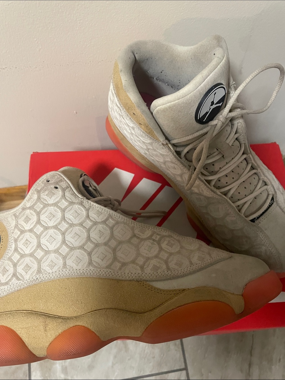 Jordan Men's High-Top Sneakers in Beige Suede with Orange Sole